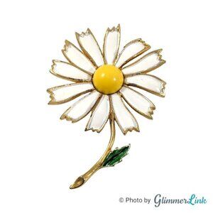 Vintage Weiss Large White Enamel Daisy Gold Tone Brooch Pin